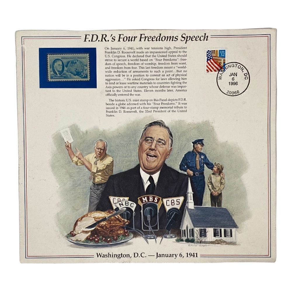 Vintage F.D.R.'s Four Freedoms Speech US Postal Stamp Jan 6 1941